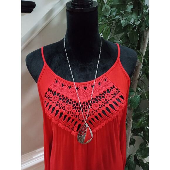 MIHOLL Women's Red Lace Round Neck Cold Shoulder Spaghetti Straps Top Blouse Med - Picture 2 of 10